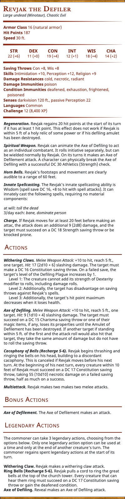 Revjak the Defiler stat block